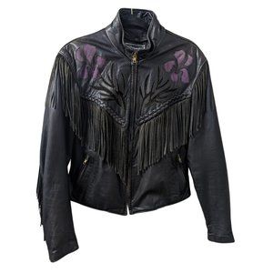 VTG 80s Moto Fringe Rose Cut Out Leather Jacket Purple Suede Tiger King
